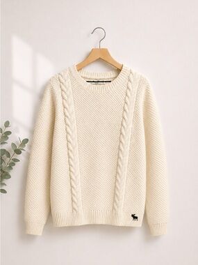 abercrombie kids Cream Cable-Panel Crewneck Sweater (332)